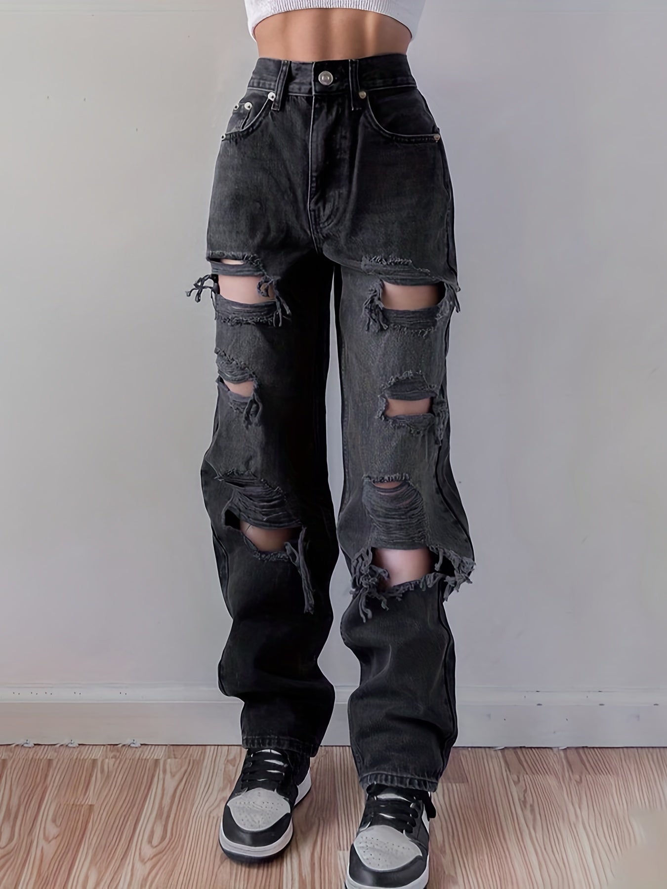 High-Waisted Ripped Jeans