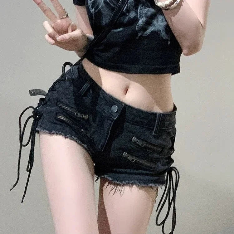 Black Gray Zipper Denim Shorts