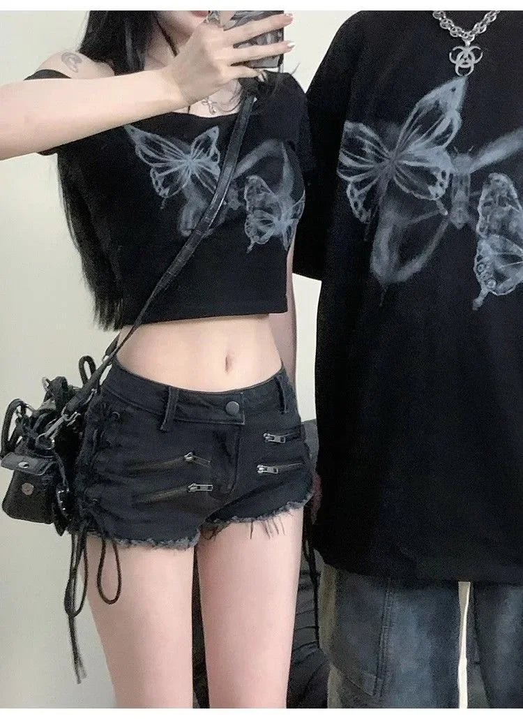 Black Gray Zipper Denim Shorts