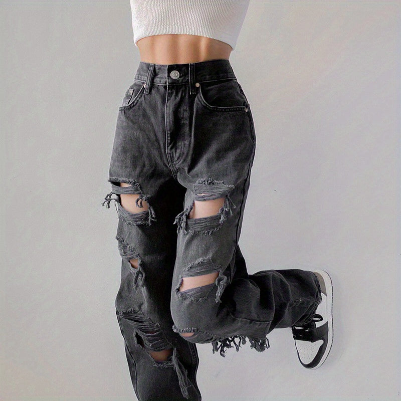 High-Waisted Ripped Jeans